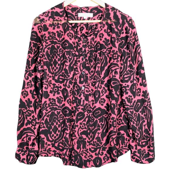 Ann Taylor  LOFT Womens Blouse Maroon Black Floral Long Sleeve Sheer Large - Picture 1 of 11